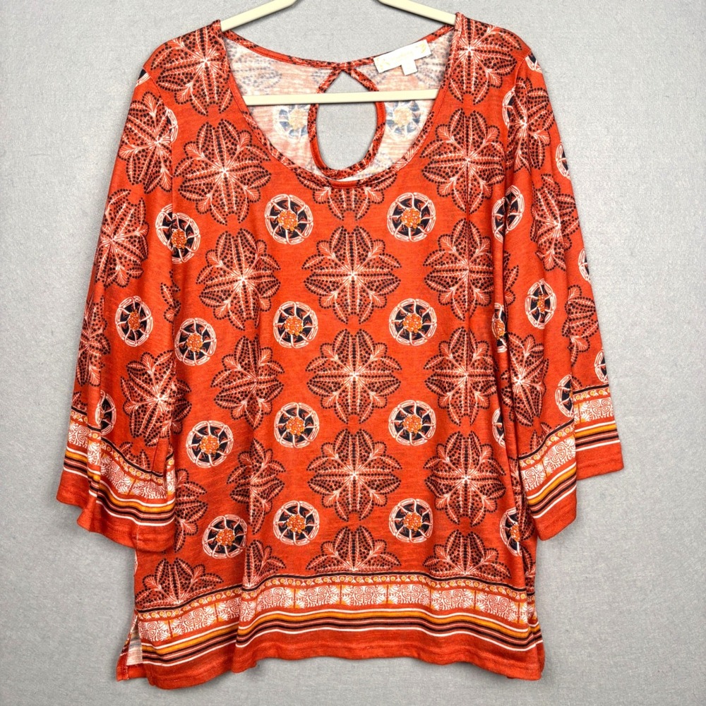 Weekend Suzanne Betro Top Womens 2X Medallion Border Print Keyhole Back